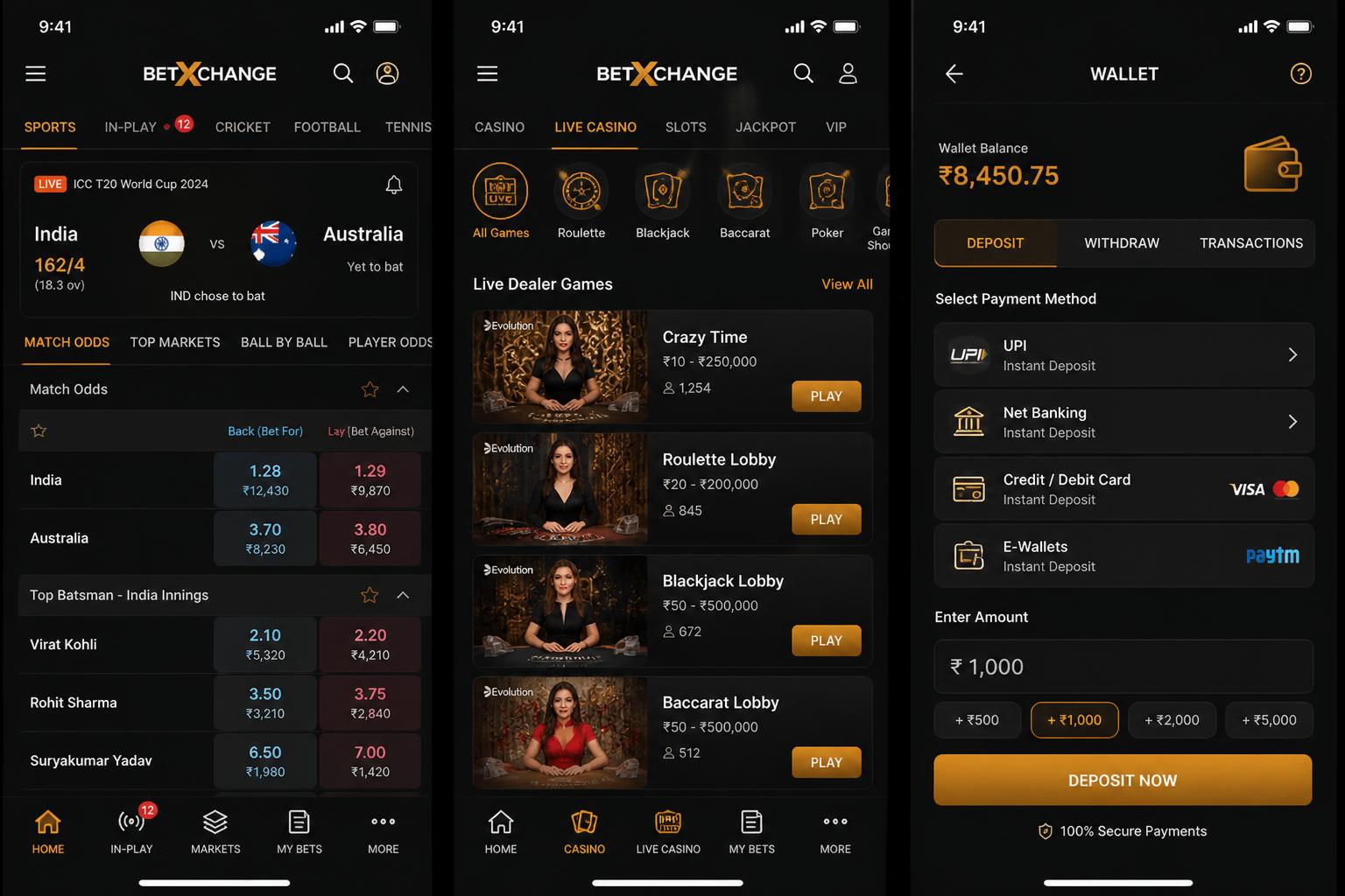 Peach777 app screenshots showing cricket odds, live casino and wallet deposit